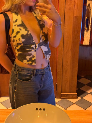 Taupe And Brown Cow Print Denim Halter Vest