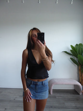 Black Satin V-Cut Tank Top