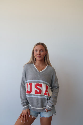 USA Graphic Long Sleeve V-Neck Sweater