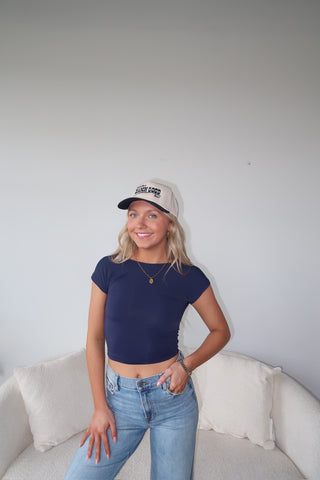 Navy Silky Smooth Open Back Short Sleeve Top