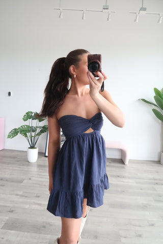 Navy Strapless Dress With Open Back