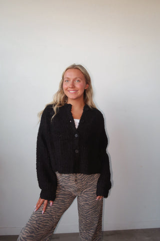Black Textured Button Down Cropped Sweater