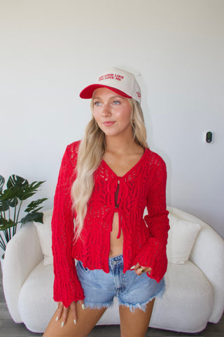 Berry Red Front Tie Open Knit cardigan