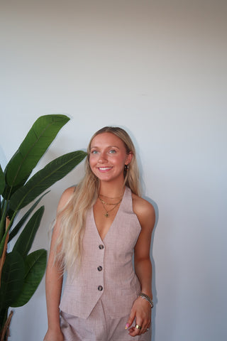 Light Mocha Woven Halter Vest With Low Tie Back