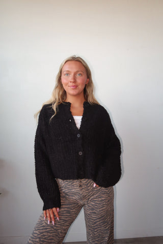 Black Textured Button Down Cropped Sweater