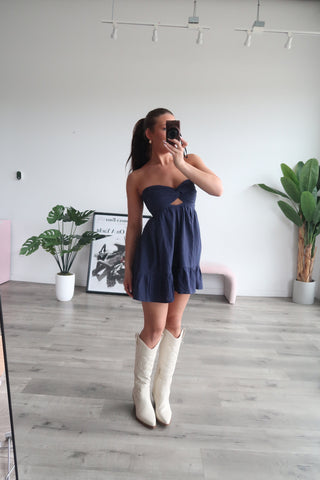 Navy Strapless Dress With Open Back