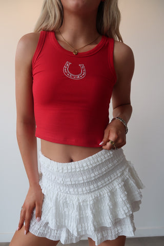 Red High Neck Tank With Embroidered Horse Shoe