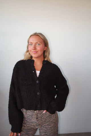 Black Textured Button Down Cropped Sweater