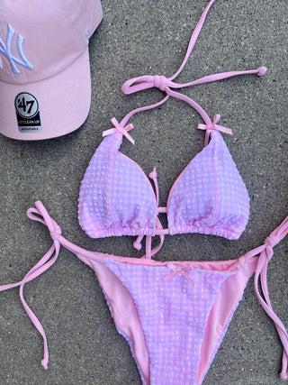 Pink Gingham Triangle Tie Bikini Top With Bows
