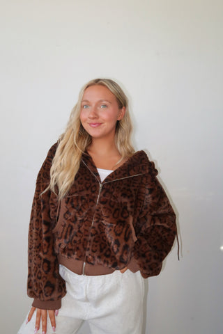 Faux Fur Leopard Zip Up Hoodie