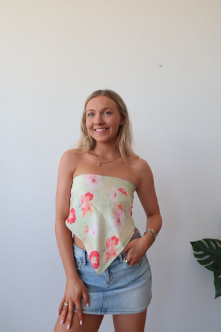 Green And Orange Floral Satin Tie Tube Top