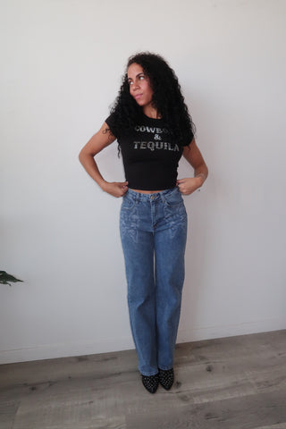 Western Embroidered Stretchy Jeans - Medium Denim