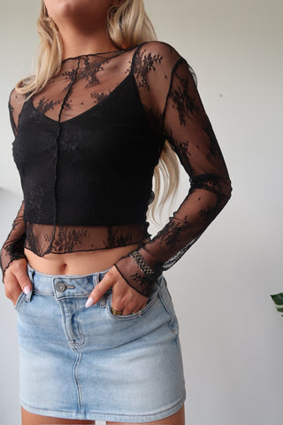 Black Sheer Lace Long Sleeve With Built In Tank Top
