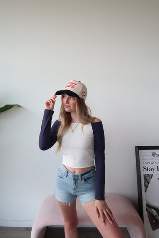 White & Navy Off The Shoulder Top