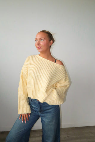 Light Yellow Boat Neck Chunky Knit Sweater