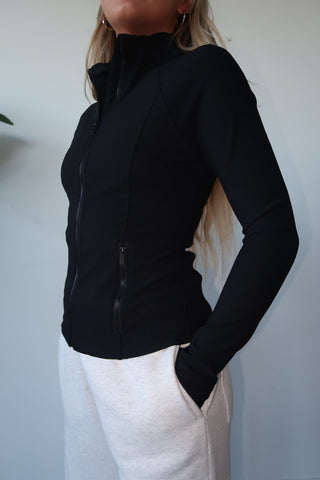 Fitted Black Ribbed Zip Up Jacket