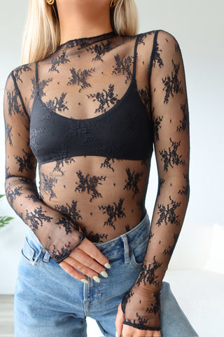 Black Sheer Lace Mock Neck Long Sleeve
