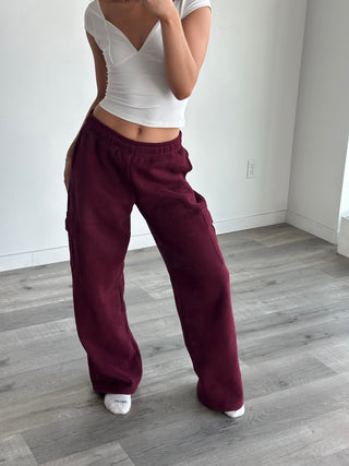 Long Black Cherry Staple Cargo Wide Leg Sweatpants