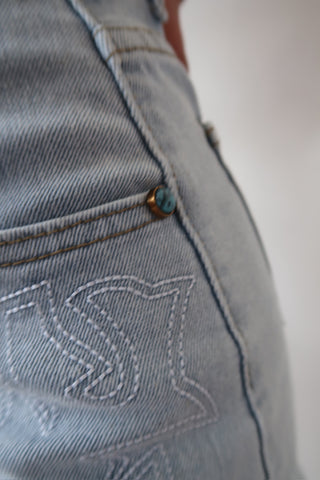 Western Embroidery High Waisted Shorts - Light Denim