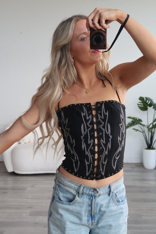 Black Western Front Lace Up Corset Top
