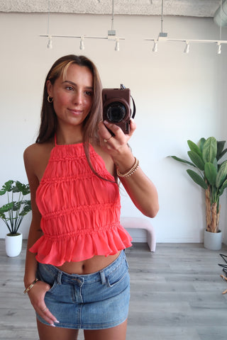 Coral Red Backless Ruffle Top