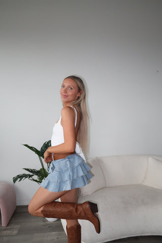 Denim Ruffle Mini Skort With Belt