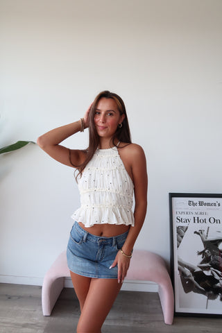 Polka Dot Backless Halter Ruffle Top