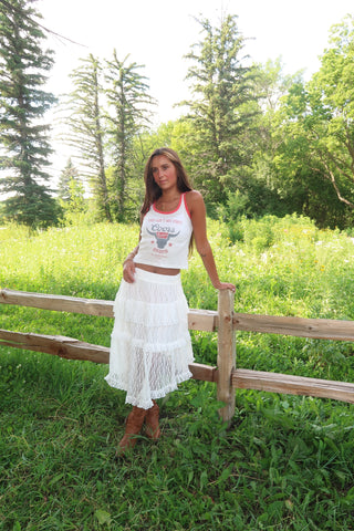 Tiered Lace Ruffle Asymmetrical Midi Skirt