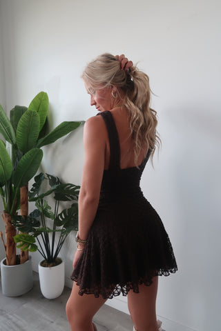 Brown V-Neck Ruffle Dress