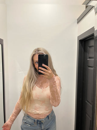 Pink Sheer Lace Mock Neck Long Sleeve