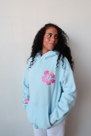 Icy Blue Hibiscus Flower Beach Babe Embroider Hoodie