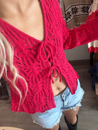 Berry Red Front Tie Open Knit cardigan
