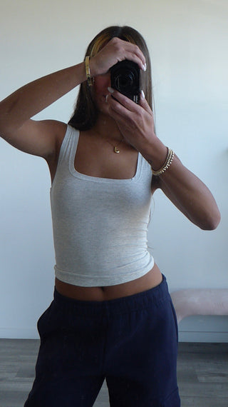 Heather White Ribbed Scoop Neck Tank