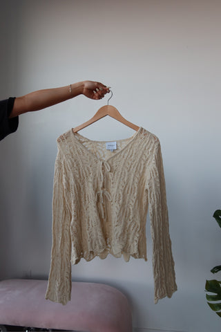Cream Front Tie Open Knit Cardigan