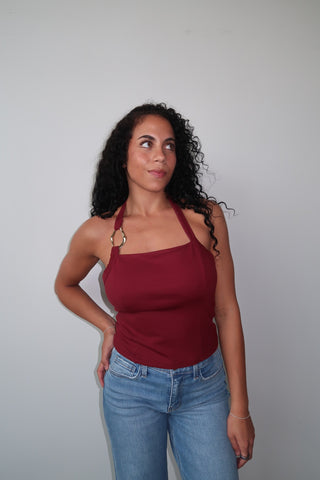 Burgundy Halter Neck Tank With Gold Ring
