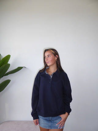 Navy Henley Sweatshirt With Navy Gingham Inside