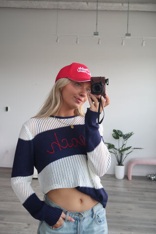 “Beach” Striped Crochet Long Sleeve