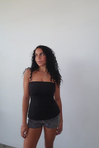 Black Flare Strapless Top