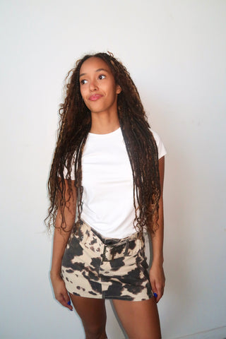 Taupe And Brown Denim Cow Print Micro Skort With Belt