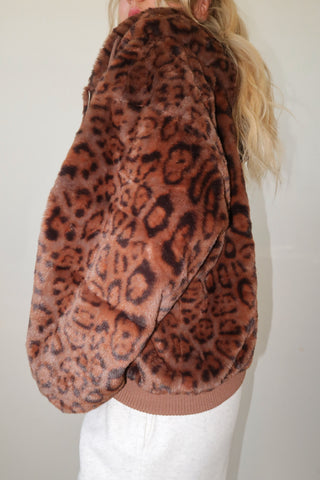 Faux Fur Leopard Zip Up Hoodie