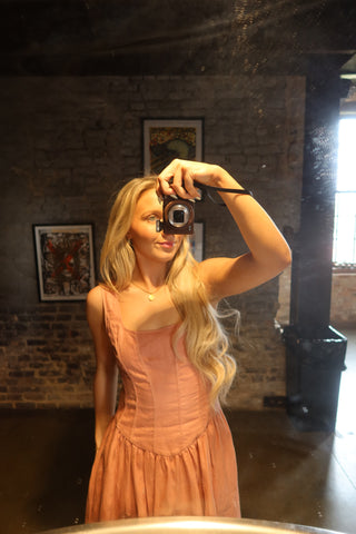 Dusty Coral Corset Drop Waist Open Back Dress