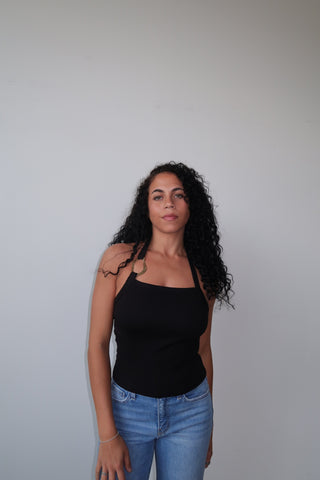 Black Halter Neck Tank Top With Gold Ring
