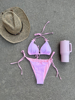Pink Gingham Triangle Tie Bikini Top With Bows