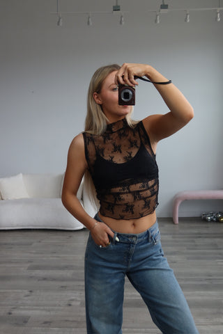 Black Sheer Lace Sleeveless Mock Neck