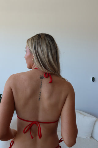 Red And White Gingham Triangle Bikini Top With Bows