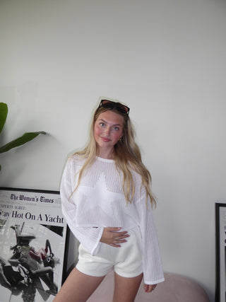 Cropped White Star Mesh Long Sleeve