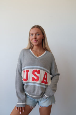 USA Graphic Long Sleeve V-Neck Sweater