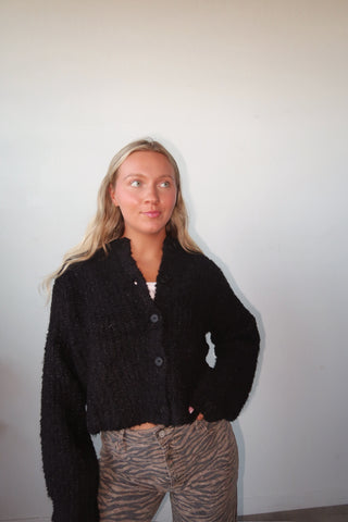 Black Textured Button Down Cropped Sweater