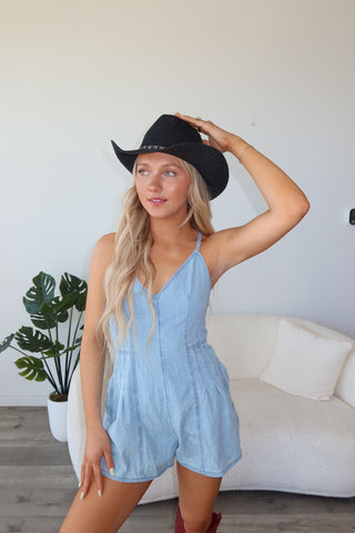 Denim Romper With Criss Cross Tie Back