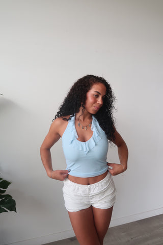 Light Blue Ruffle Mesh Halter Neck Top